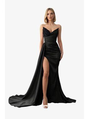 Black Strapless Corset Gown Size 16 Satin Slit Formal Evening Dress